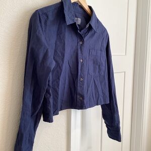 Linen-Blend Long-Sleeve Button-Down Collared Cropped Blouse Like-New Small Blue